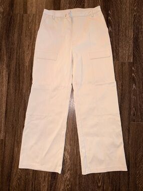 Faux Leather Croc Wide-Leg Cargo Trousers in Off-White